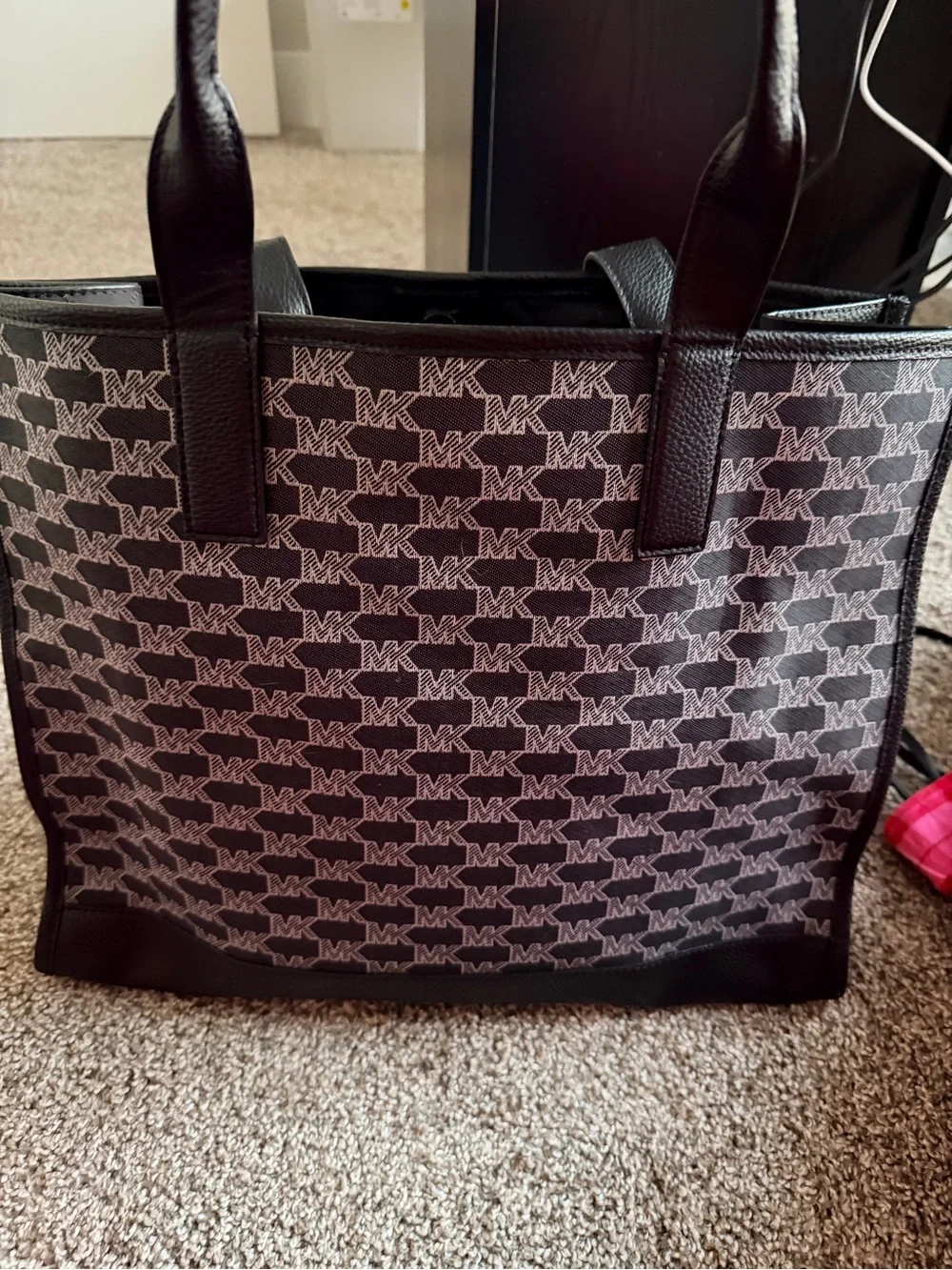 Michael Kors Black and White Signature Stripe Tote with Matching Wallet